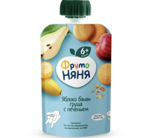 Пюре ФрутоНяня Яблоко-банан-груша-печенье, 6m+, 90гр